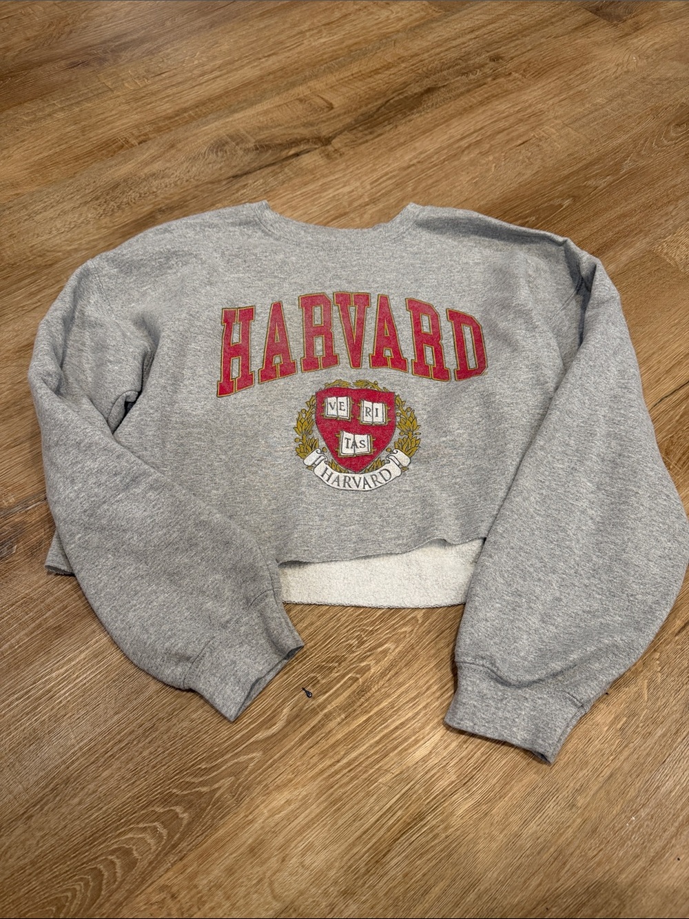 T.J.Maxx Gray Harvard Cropped Crewneck Sweatshirt with Red Crest
